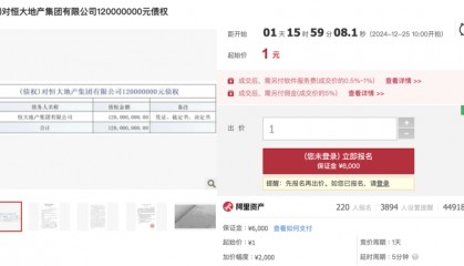 1元起拍，恒大地产集团1.2亿元债权拍卖参与者众多
