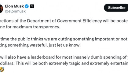 马斯克：“政府效率部”将在网上公布所有行动，会设“最蠢支出”排行榜