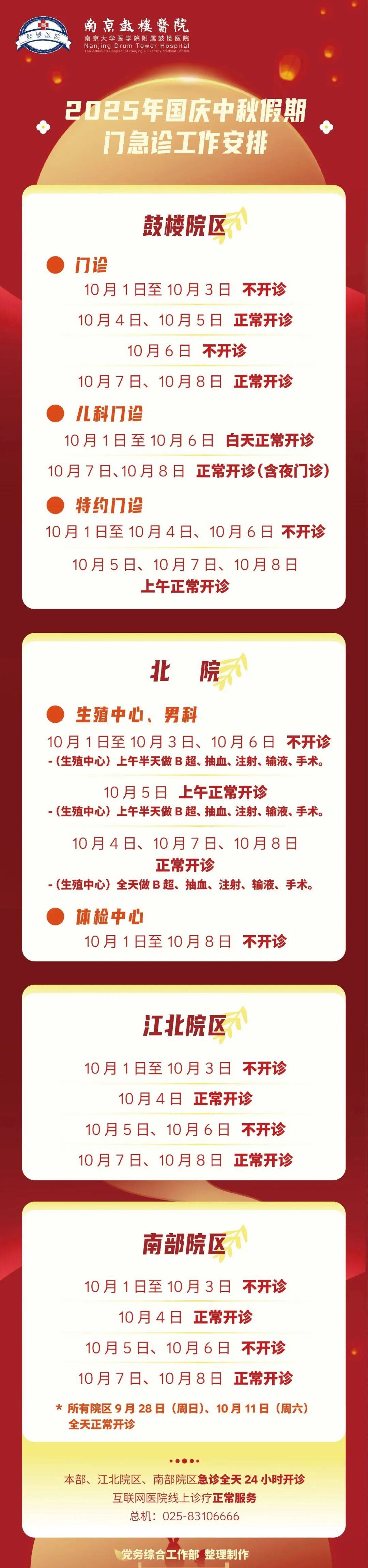 转需！南京部分医院国庆、中秋节期间门急诊安排！